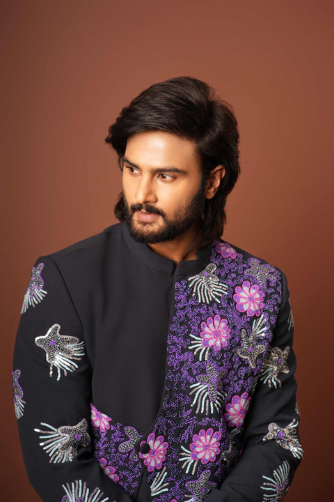 Zafiro — Blue Coral-Reef Embroidered 4-Way Stretch Indo-Western Set