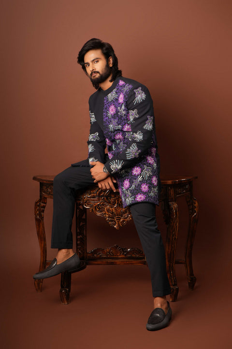 Zafiro — Blue Coral-Reef Embroidered 4-Way Stretch Indo-Western Set
