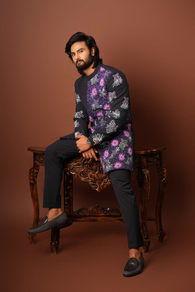 Zafiro — Blue Coral-Reef Embroidered 4-Way Stretch Indo-Western Set