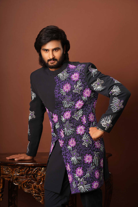 Zafiro — Blue Coral-Reef Embroidered 4-Way Stretch Indo-Western Set