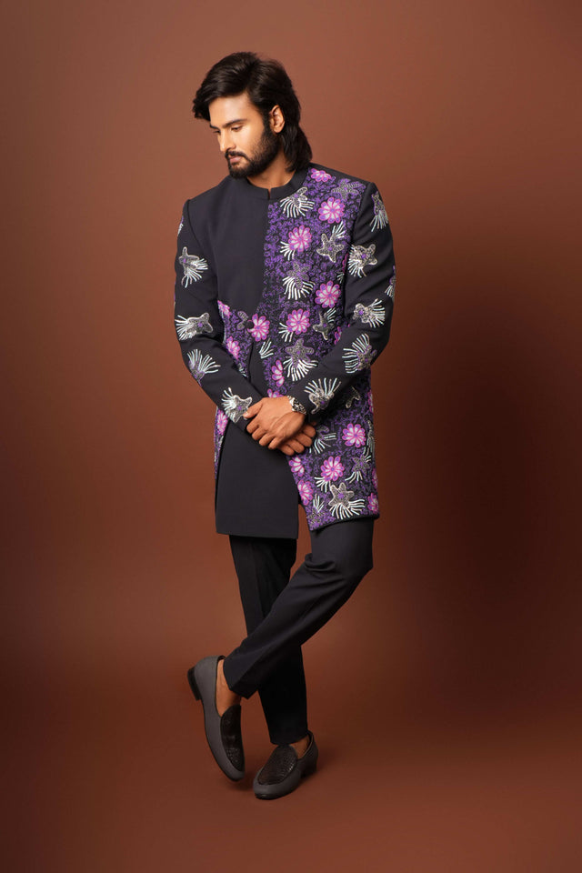 Zafiro — Blue Coral-Reef Embroidered 4-Way Stretch Indo-Western Set