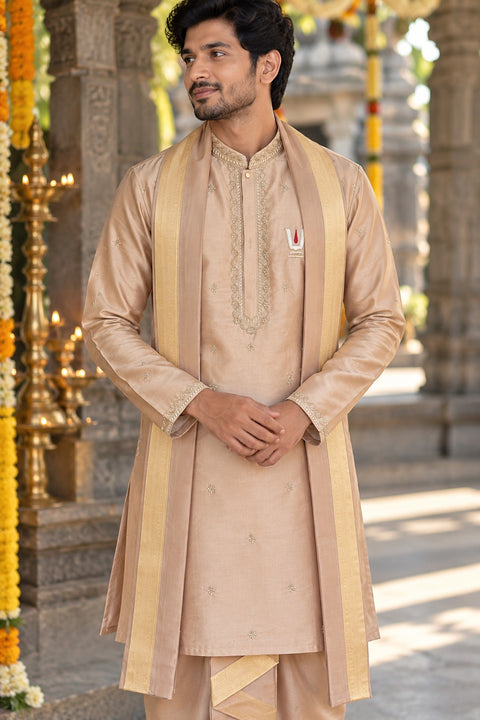 Vedanta — Champagne Beige Sri Vari Namam Hand Embroidered Semi Pattu Silk Kurta & Dhoti Set