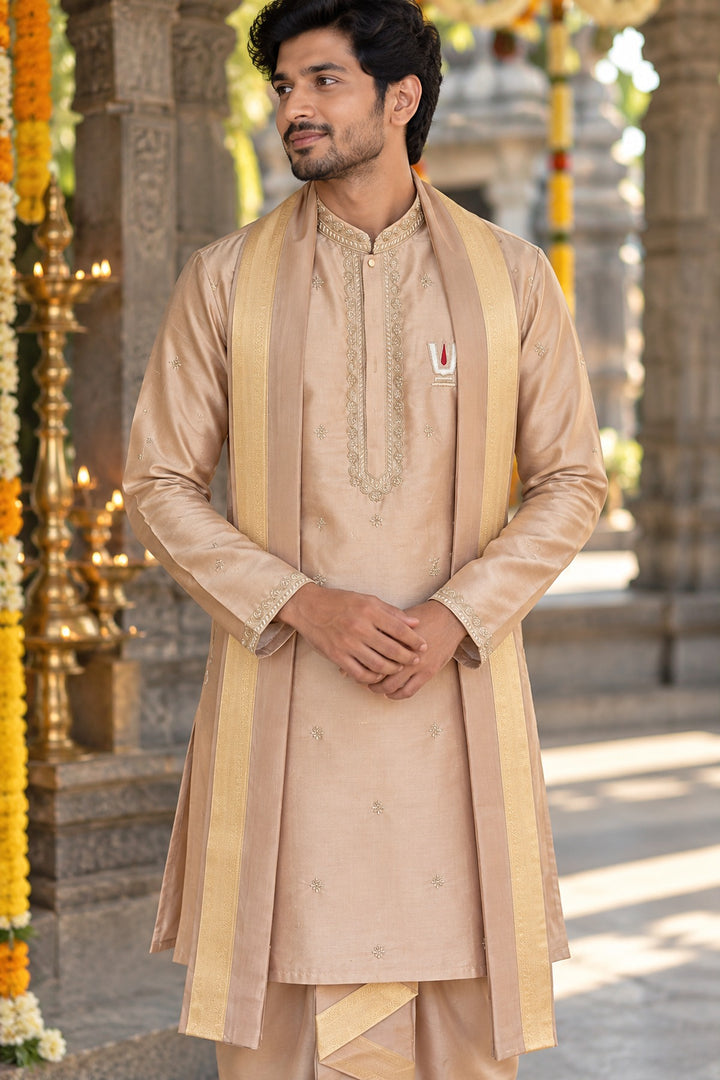Vedanta — Champagne Beige Sri Vari Namam Hand Embroidered Semi Pattu Silk Kurta & Dhoti Set