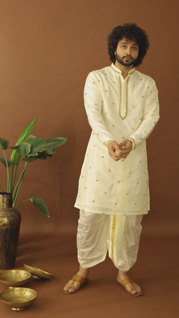 Arav — Off-White Gold Zardozi Hand Embroidered Pattu Kurta Set