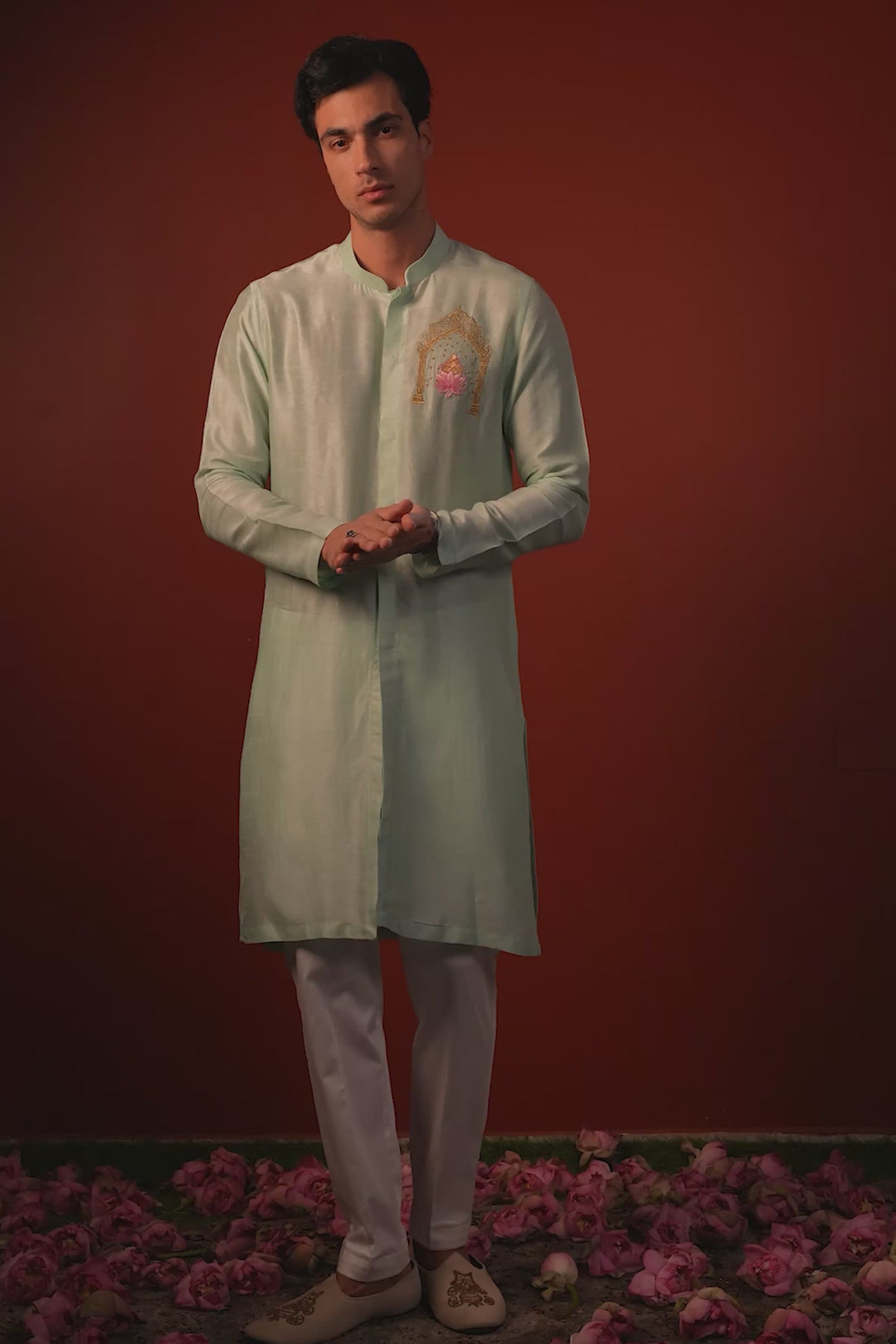 Amod — Mint Green Thread Embroidered Falling Raw Silk Kurta