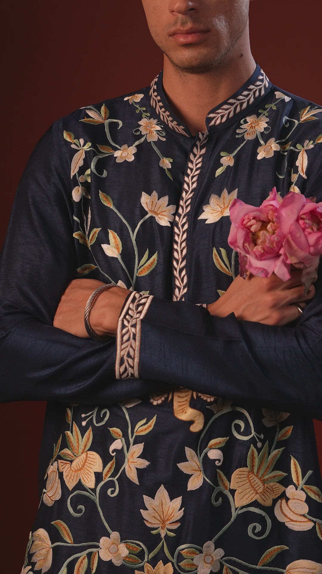 Anant— Navy Hand Embroidered Falling Raw Silk Kurta