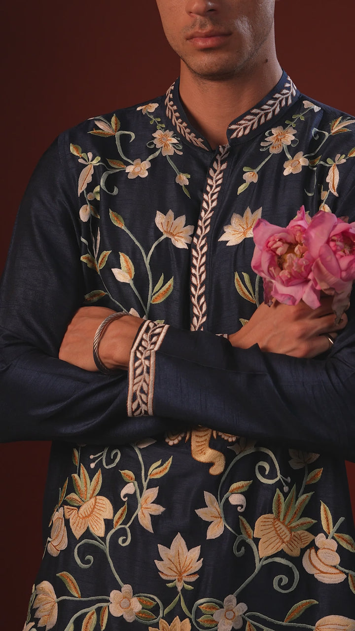 Anant— Navy Hand Embroidered Falling Raw Silk Kurta