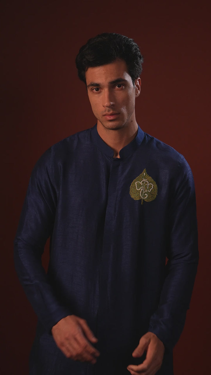 Durja — Navy Thread Embroidered Falling Raw Silk Kurta