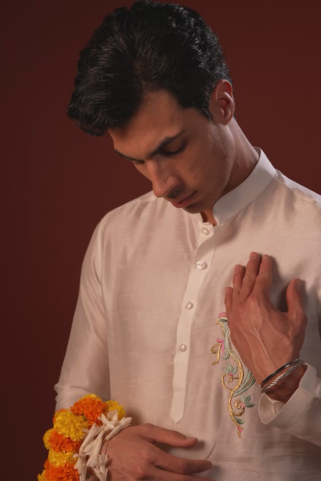 Ekanth — White Thread Embroidered Falling Raw Silk Kurta