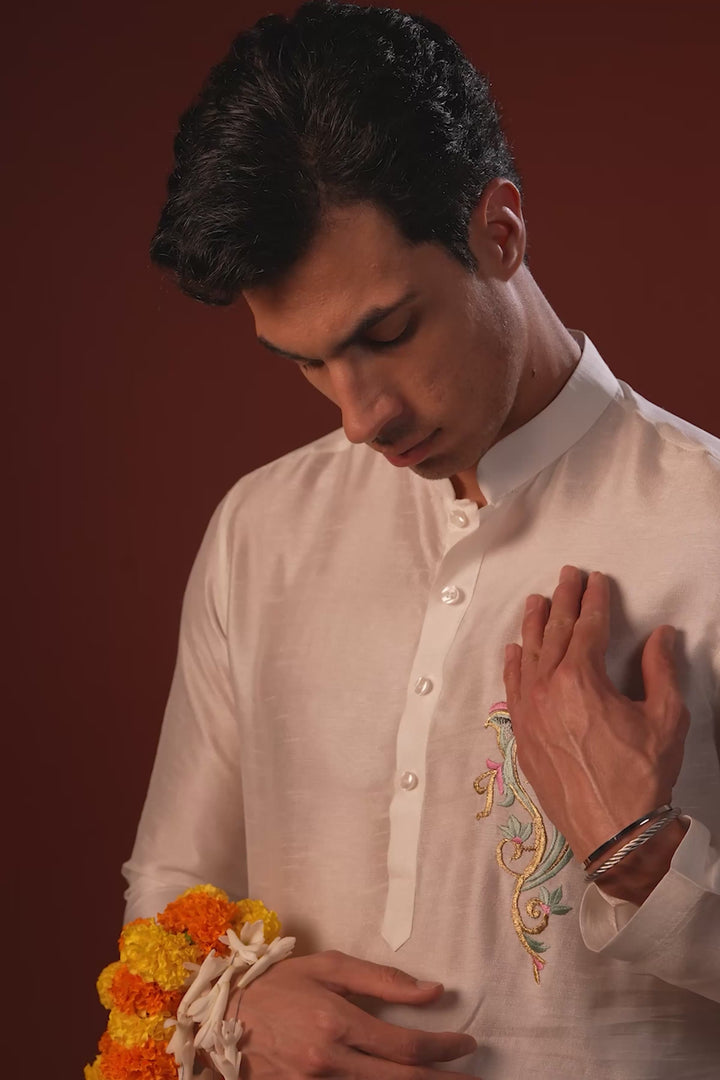 Ekanth — White Thread Embroidered Falling Raw Silk Kurta