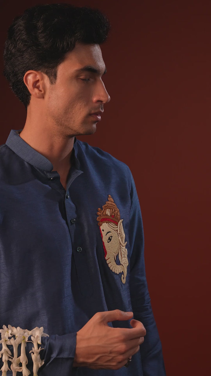 Dhuraketu — Navy Thread Embroidered Falling Raw Silk Kurta