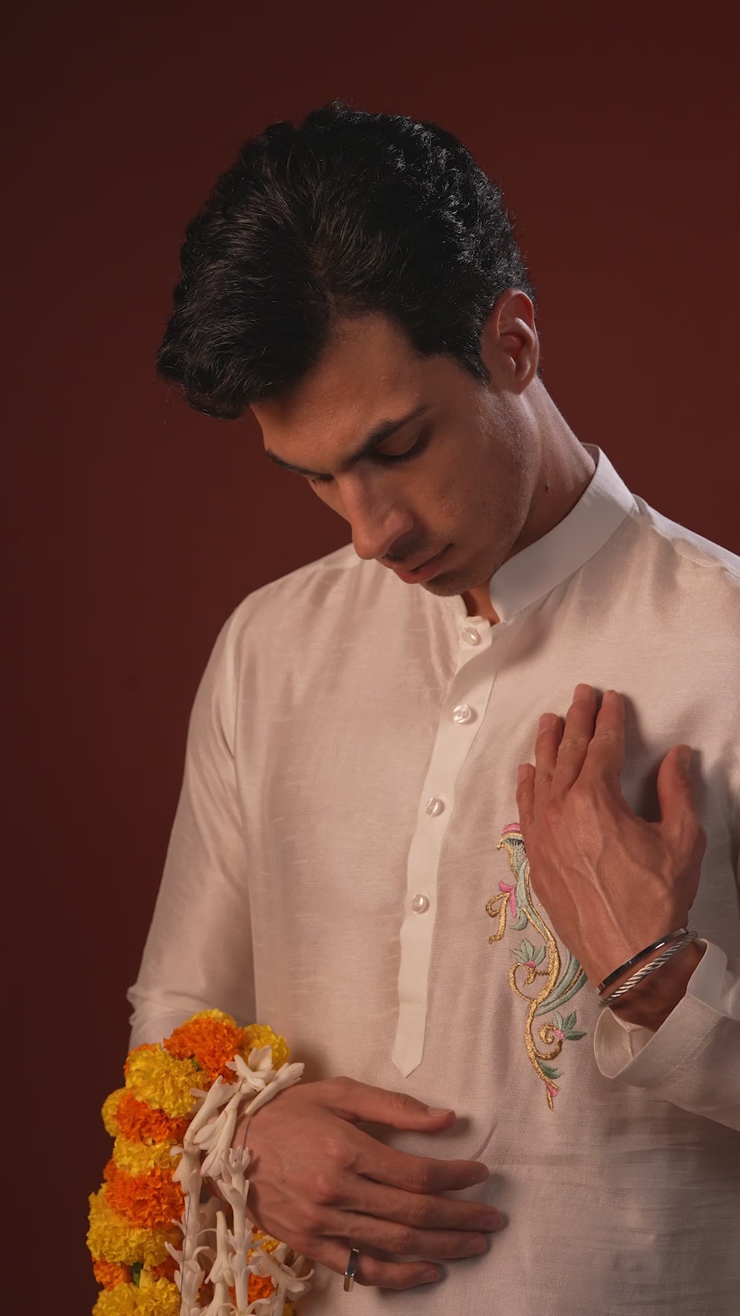Ekanth — White Thread Embroidered Falling Raw Silk Kurta