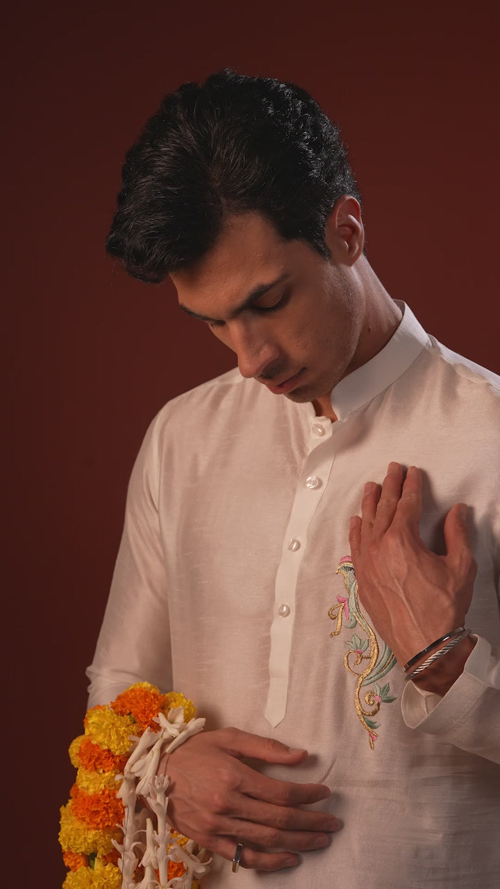 Ekanth — White Thread Embroidered Falling Raw Silk Kurta