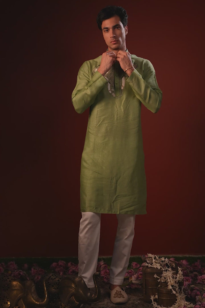 Nishant— Olive Green Thread Embroidered Falling Raw Silk Kurta