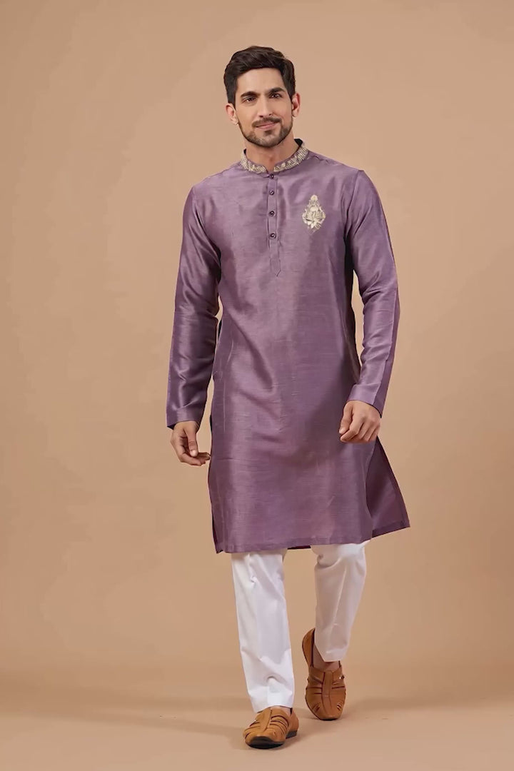 Inara — Violet Embroidered Falling Raw Silk Kurta