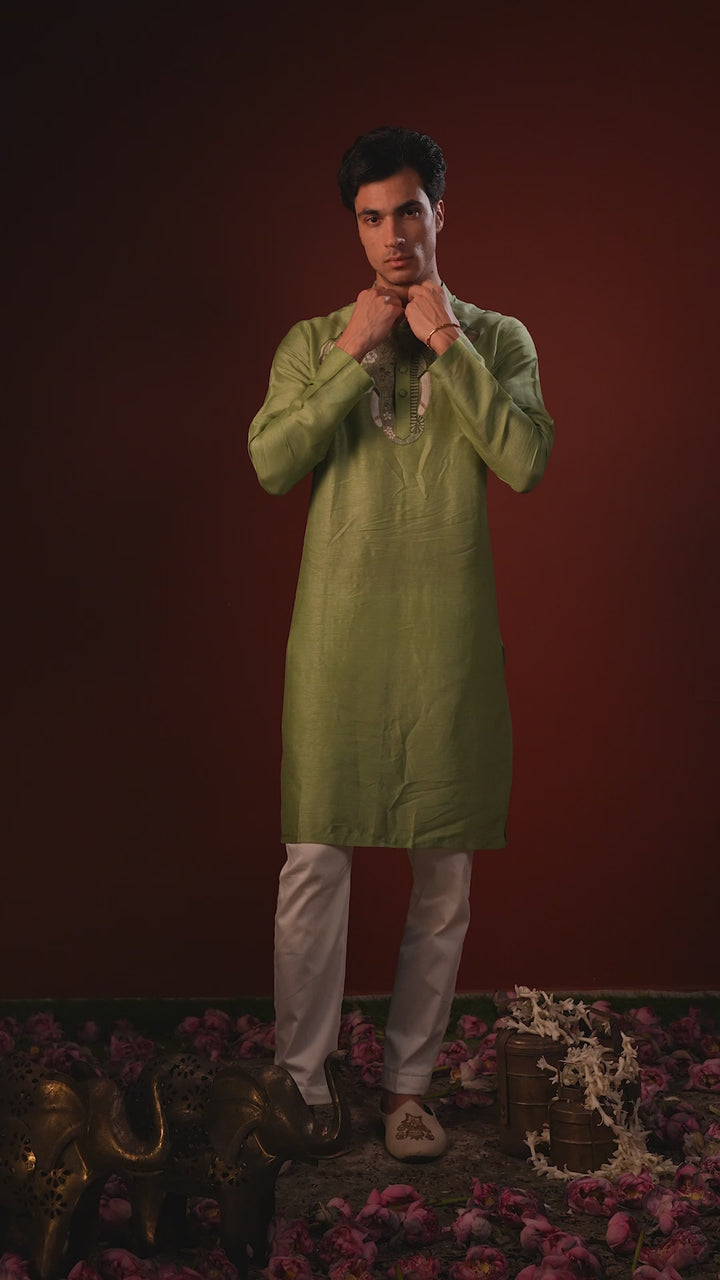 Nishant— Olive Green Thread Embroidered Falling Raw Silk Kurta