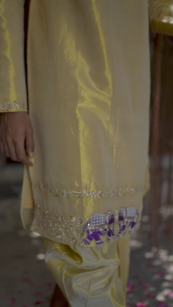 Varna Kanjivaram — Gold Thread Embroidered Kanjivaram Pattu Tissue Silk Kurta Set