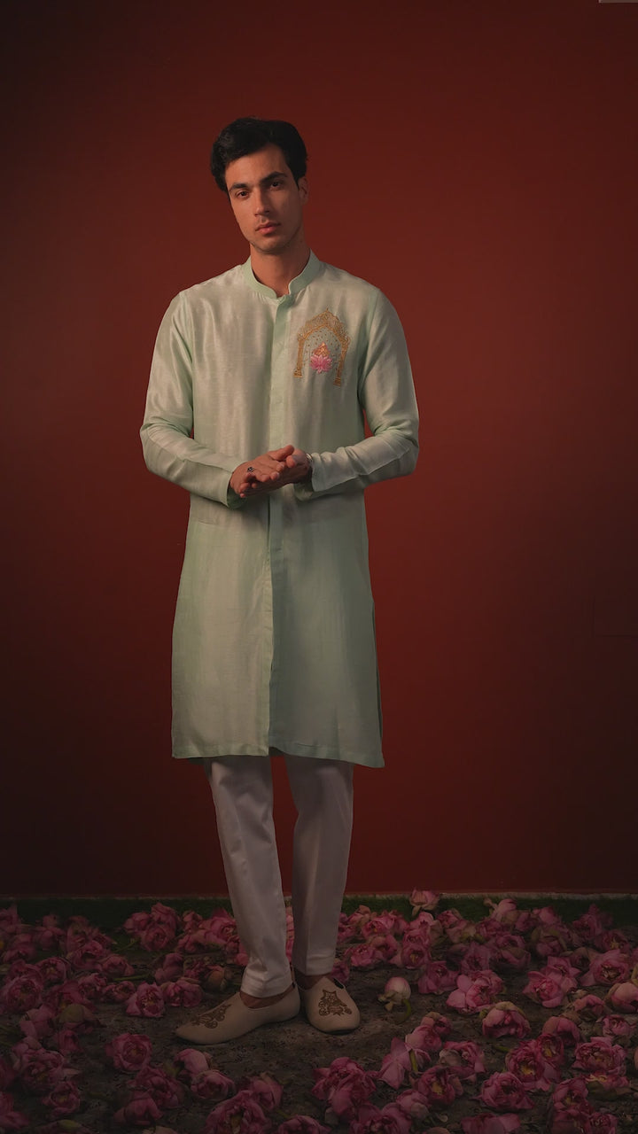 Amod — Mint Green Thread Embroidered Falling Raw Silk Kurta