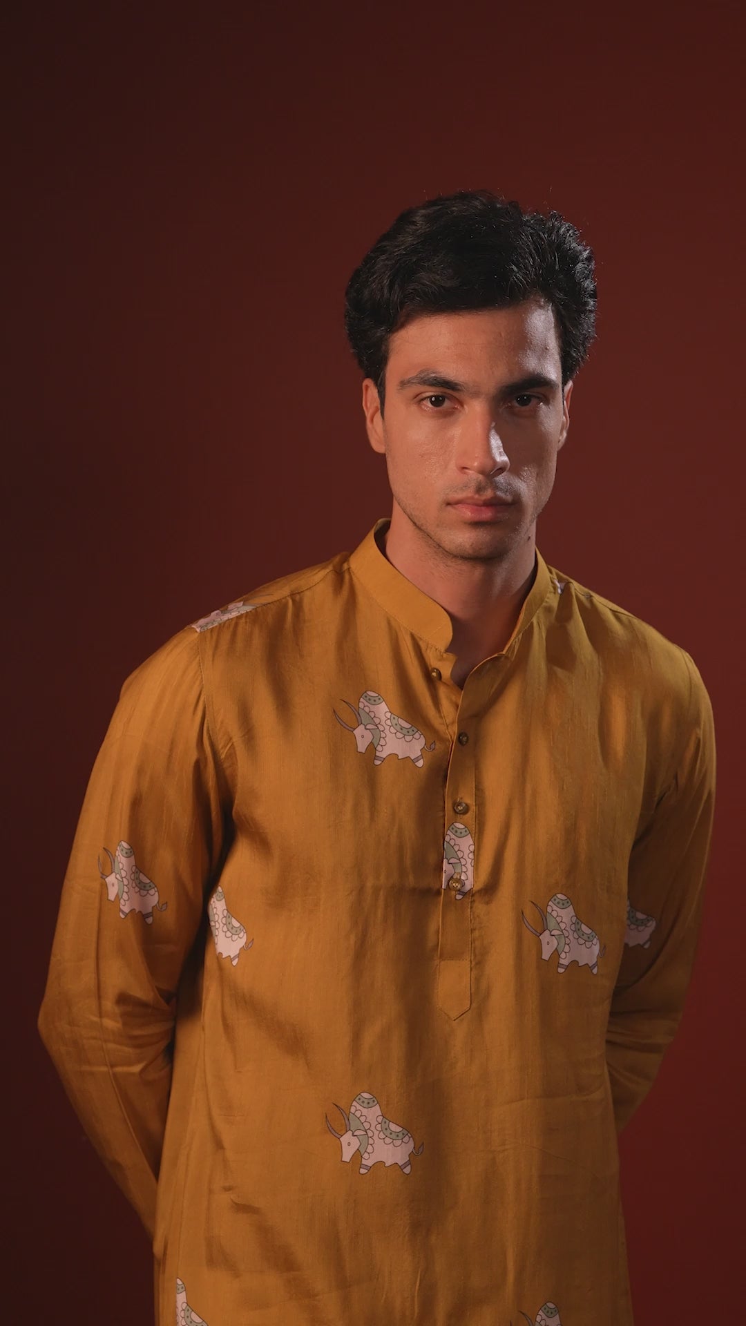 Eshaan — Mustard Printed Falling Raw Silk Kurta