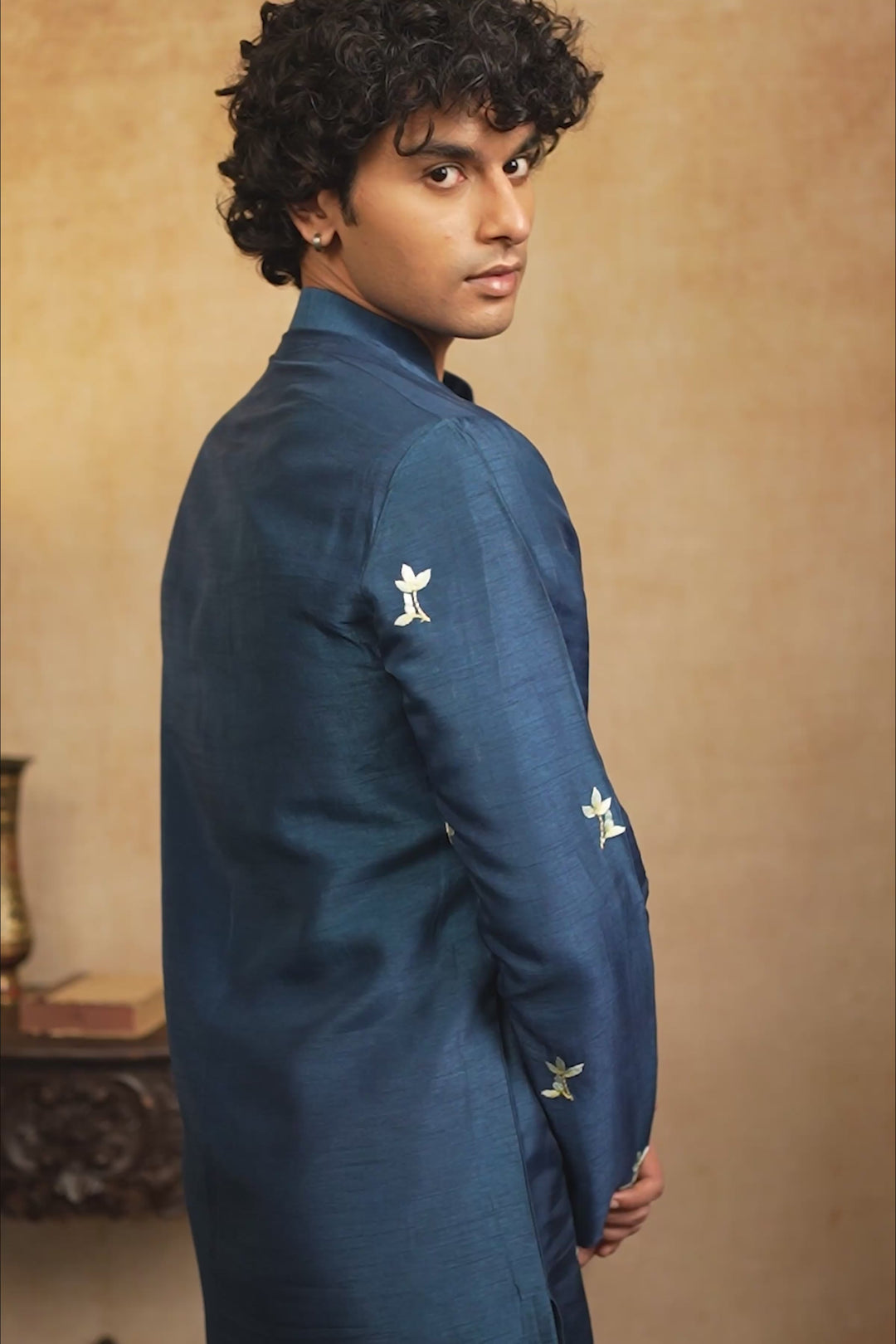 Neel Mayura — Teal Blue Peacock Embroidered Falling Raw Silk Kurta