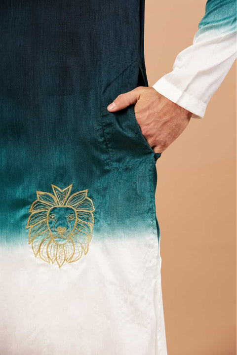 Leonine — Green Ombre Embroidered Falling Raw Silk Kurta