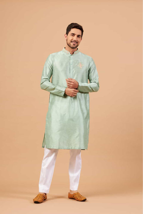 Amil — Pastel Green Embroidered Falling Raw Silk Kurta