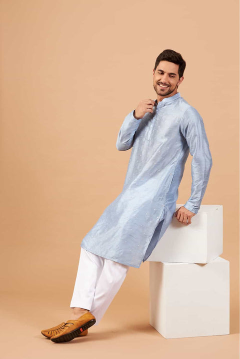 Viva Dot — Sky Blue Embroidered Falling Raw Silk Kurta
