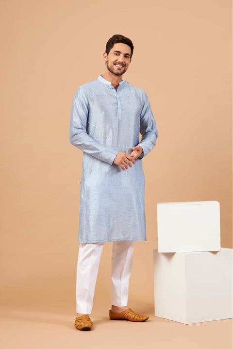 Viva Dot — Sky Blue Embroidered Falling Raw Silk Kurta