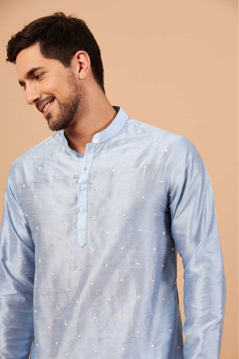 Viva Dot — Sky Blue Embroidered Falling Raw Silk Kurta