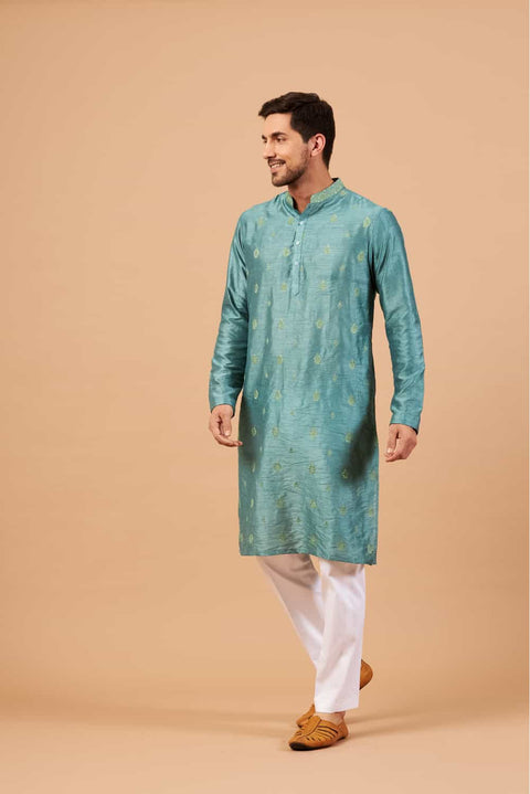 Greafy — Teal Embroidered Semi Raw Silk Kurta