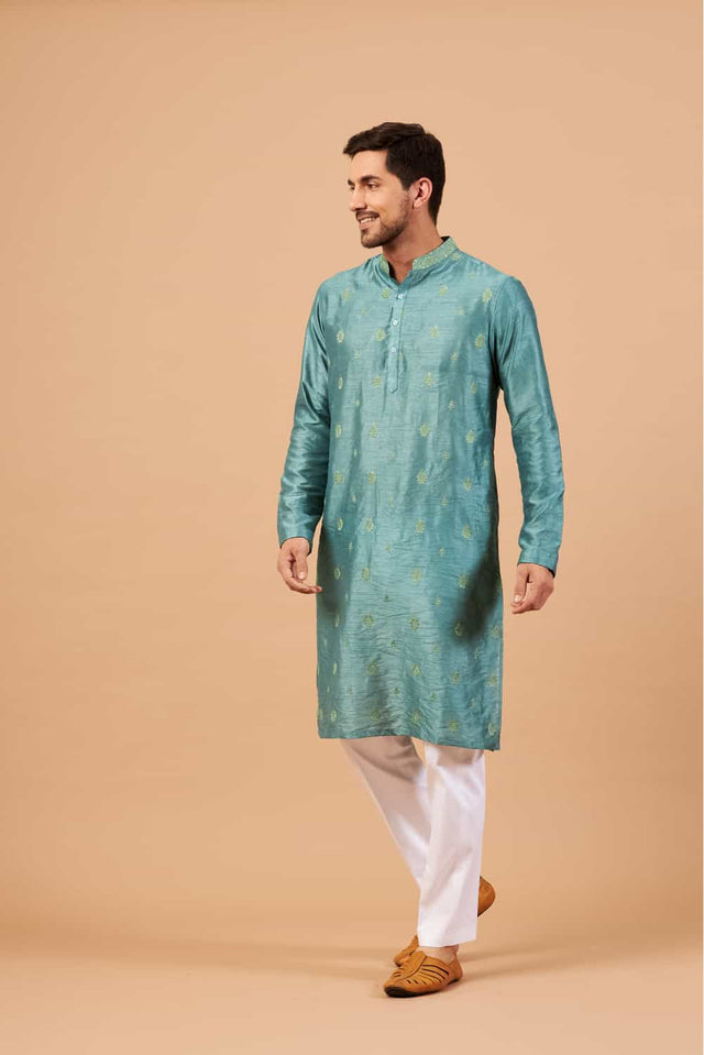 Greafy — Teal Embroidered Falling Raw Silk Kurta