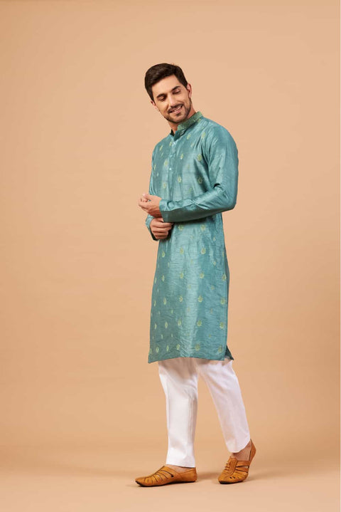 Greafy — Teal Embroidered Semi Raw Silk Kurta