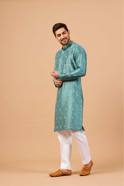 Greafy — Teal Embroidered Semi Raw Silk Kurta