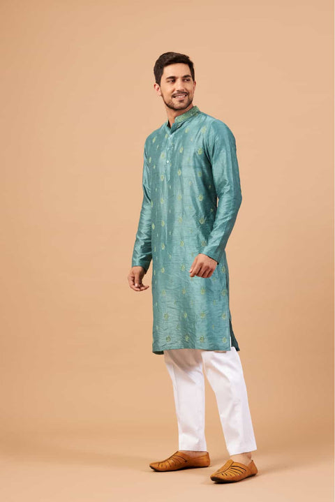 Greafy — Teal Embroidered Falling Raw Silk Kurta
