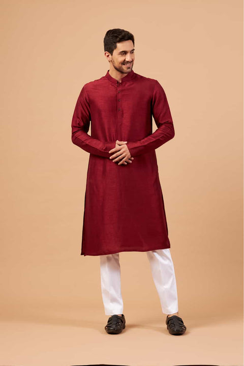 Maroon Plain — Falling Raw Silk Kurta