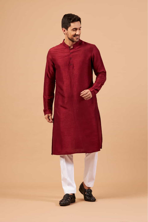 Maroon Plain — Falling Raw Silk Kurta
