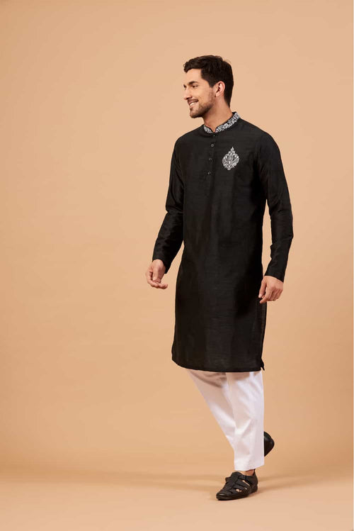 Amyr — Black Embroidered Falling Raw Silk Kurta