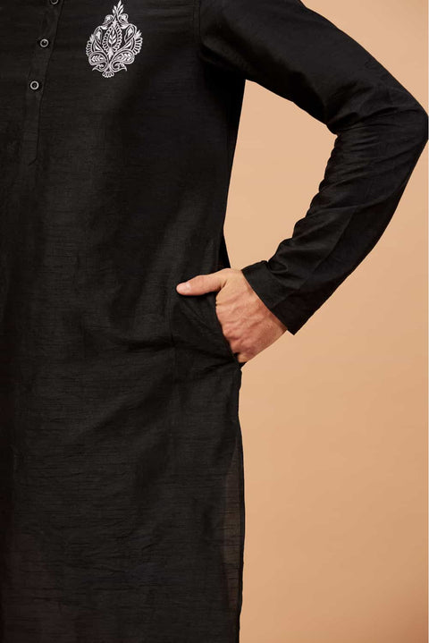 Amyr — Black Embroidered Falling Raw Silk Kurta
