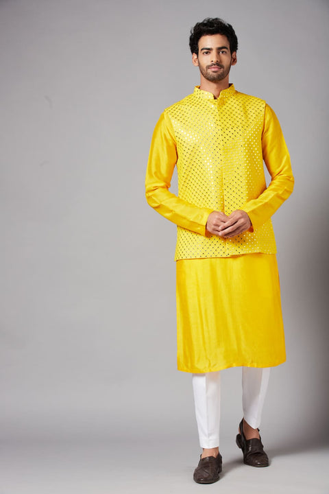 Yellot — Yellow Thread Embroidered Georgette Nehru Jacket