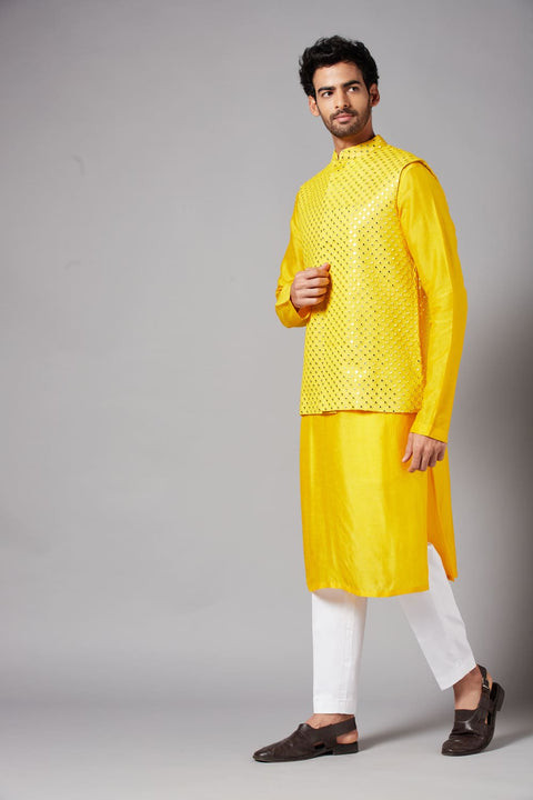 Yellot — Yellow Thread Embroidered Georgette Nehru Jacket