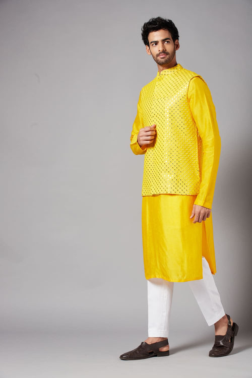 Yellot — Yellow Thread Embroidered Georgette Nehru Jacket