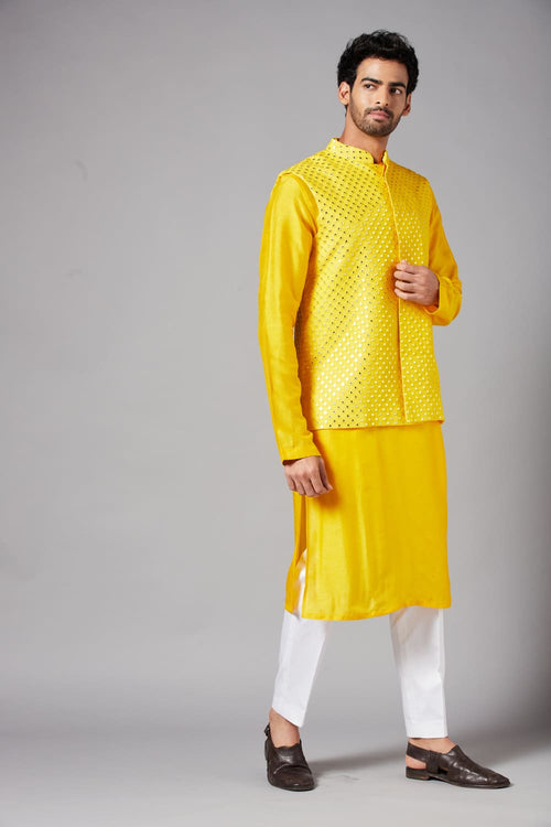 Yellot — Yellow Thread Embroidered Georgette Nehru Jacket