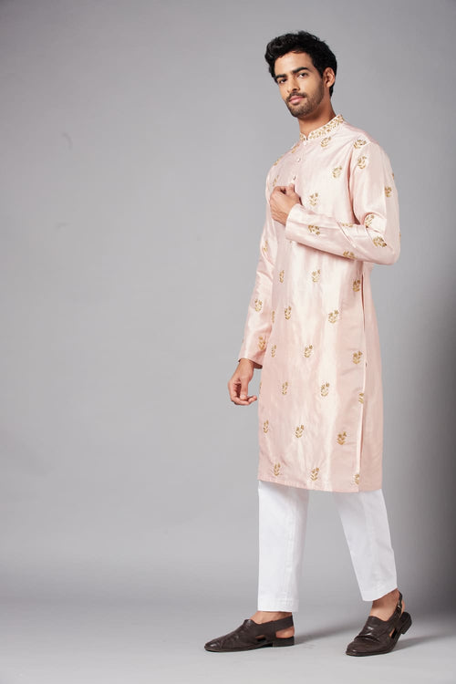 Krusos — Peach Hand Embroidered Dupion Silk Kurta