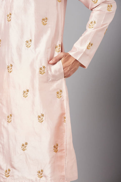Krusos — Peach Hand Embroidered Dupion Silk Kurta