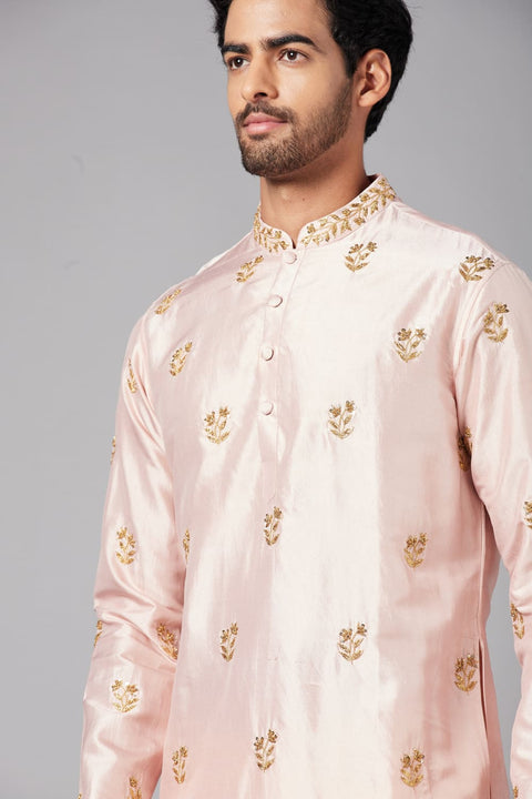 Krusos — Peach Hand Embroidered Dupion Silk Kurta