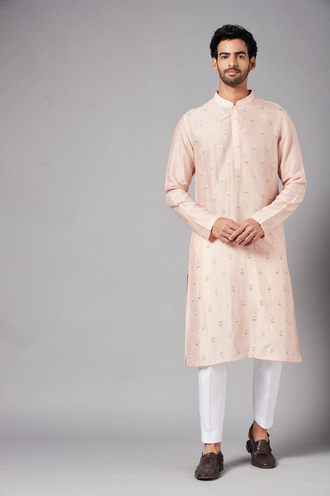 Moori — Peach Embroidered Falling Raw Silk Kurta