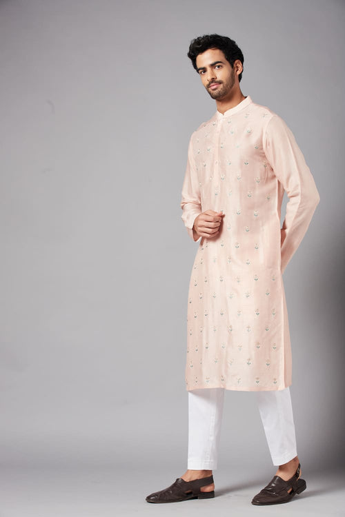 Moori — Peach Embroidered Falling Raw Silk Kurta