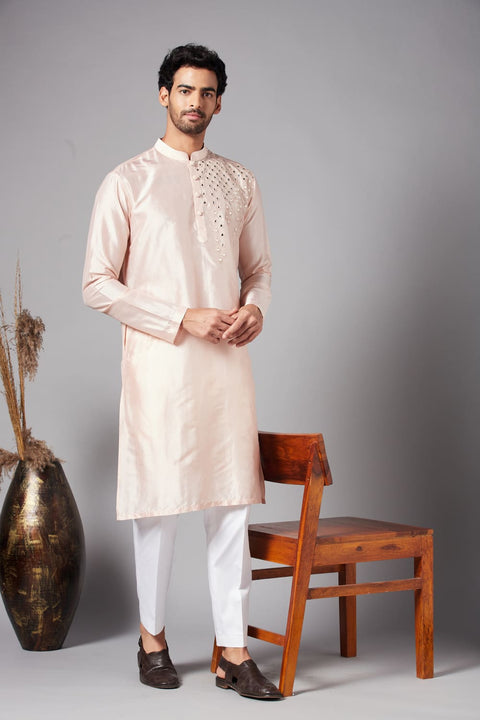 Rooyi — Peach Mirror Work Dupion Silk Kurta