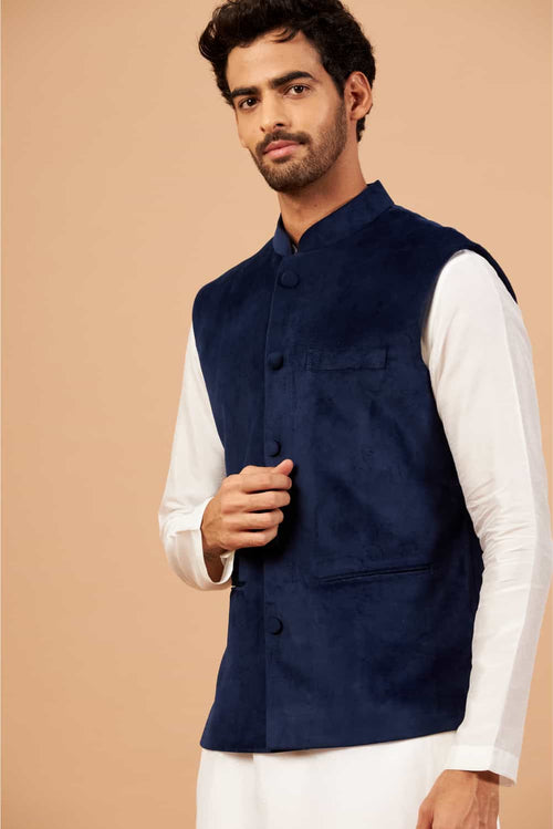 Bluvet — Blue Plain Velvet Nehru Jacket