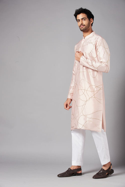 Ilaria — Peach Hand Embroidered Dupion Silk Kurta
